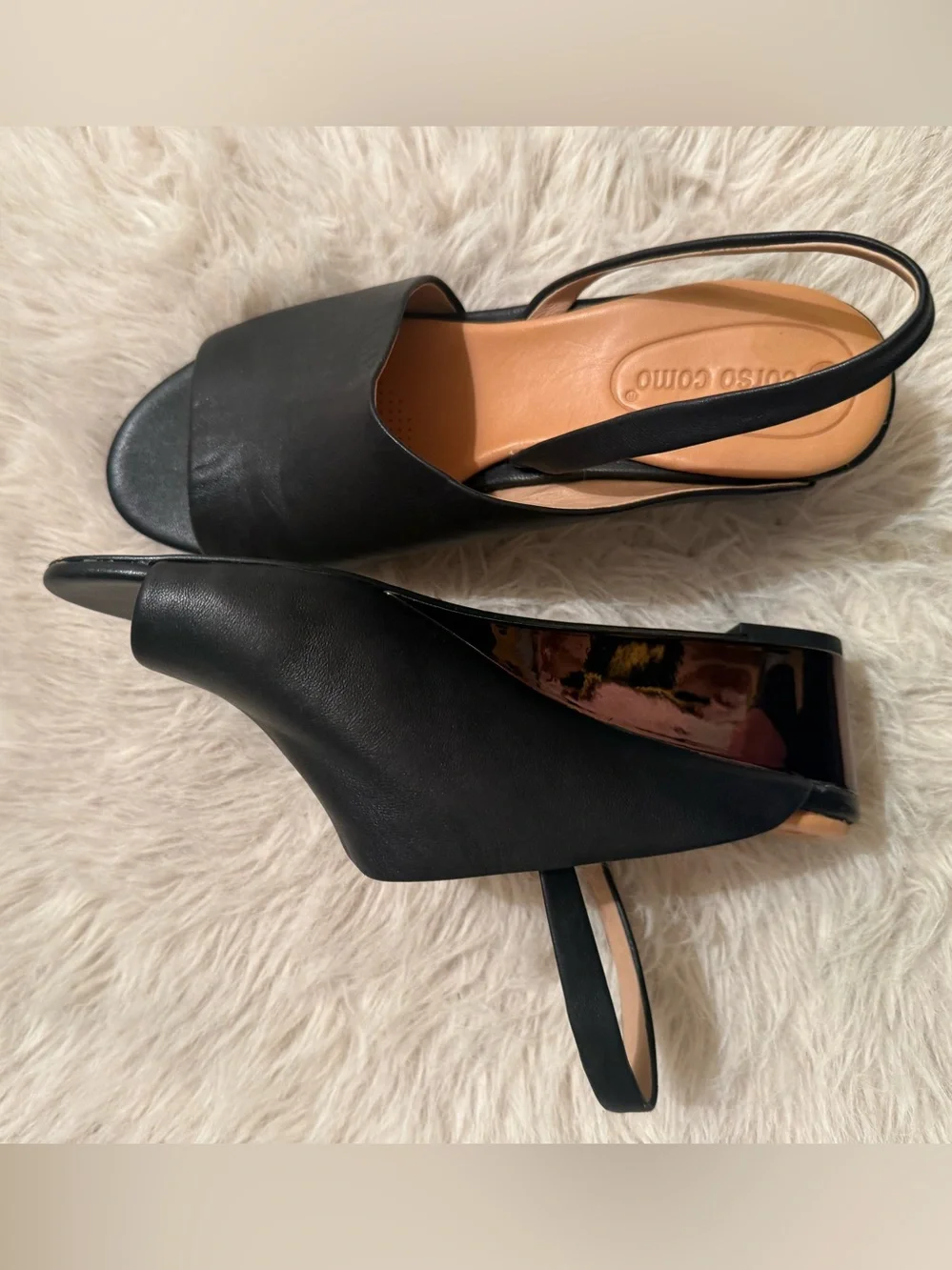 NWOT Cordova Como Leather Mirrored Wedge Sling Backs Black Sz 7.5